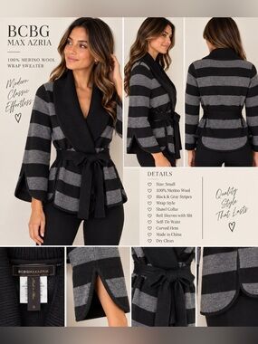 BCBG Max Azria 100% Merino Wool Striped Wrap Cardigan Bell Sleeve S